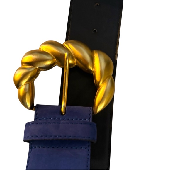 AVIGNON Late 80’s Blue Suede Wide Belt w/Ornamental Gold Buckle Sz L #353 Spain - Picture 4 of 6